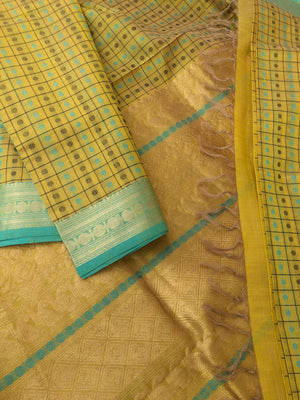 Woven Motifs Silk Cottons - pale beige mixed green Lakshadeepam with small woven borders