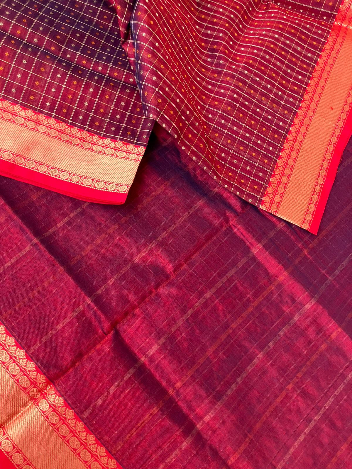 Traditional Colours Woven Motifs Silk Cotton - maroon lakshadeepam