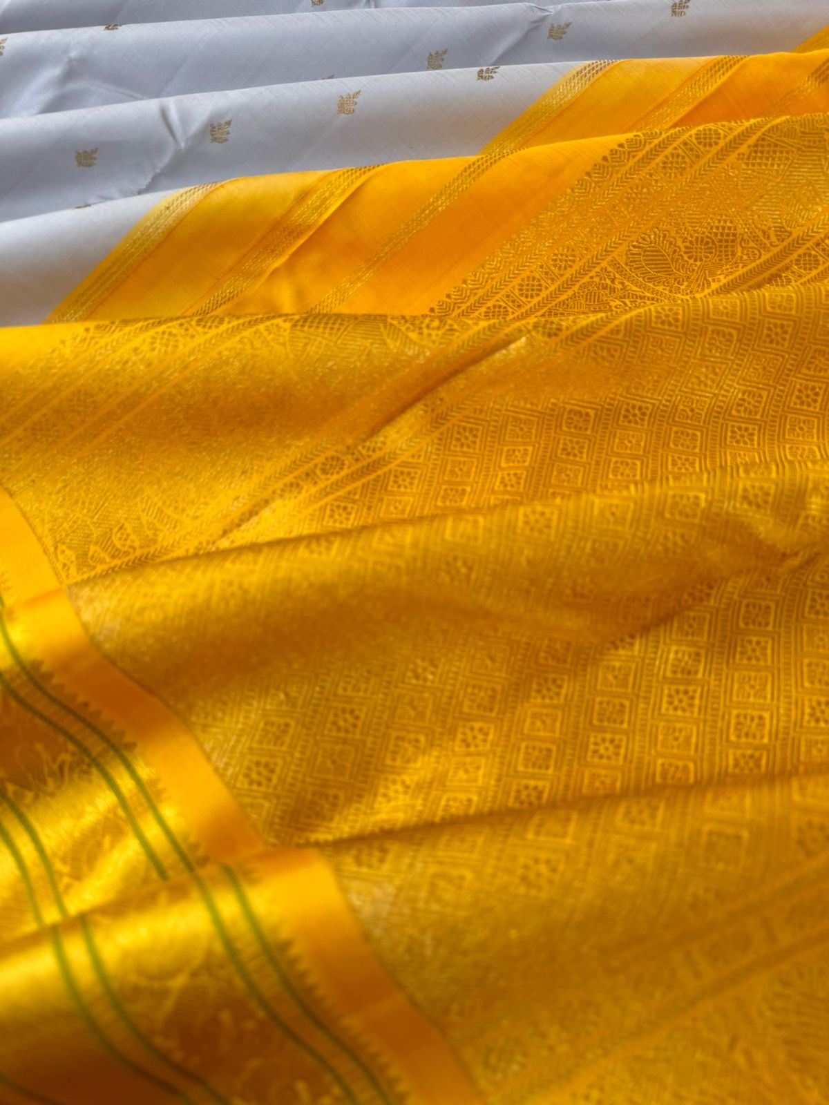 Pastel Ragas on Kanchivaram - gorgeous silver grey and golden yellow with beetu buttas woven borders