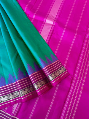 Pattu Pett - Exquisite No Zari Kanchivarams - dual tone aqua blue green with rani pink annapakshi woven korvai borders