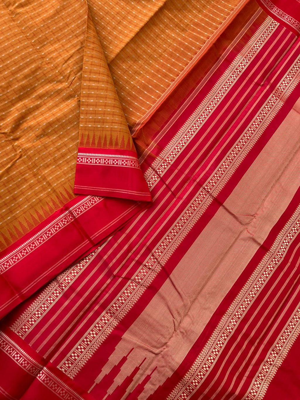 Mira - Our Exclusive Cotton body with Pure Silk Korvai Borders - mustard and red lakshadeepam