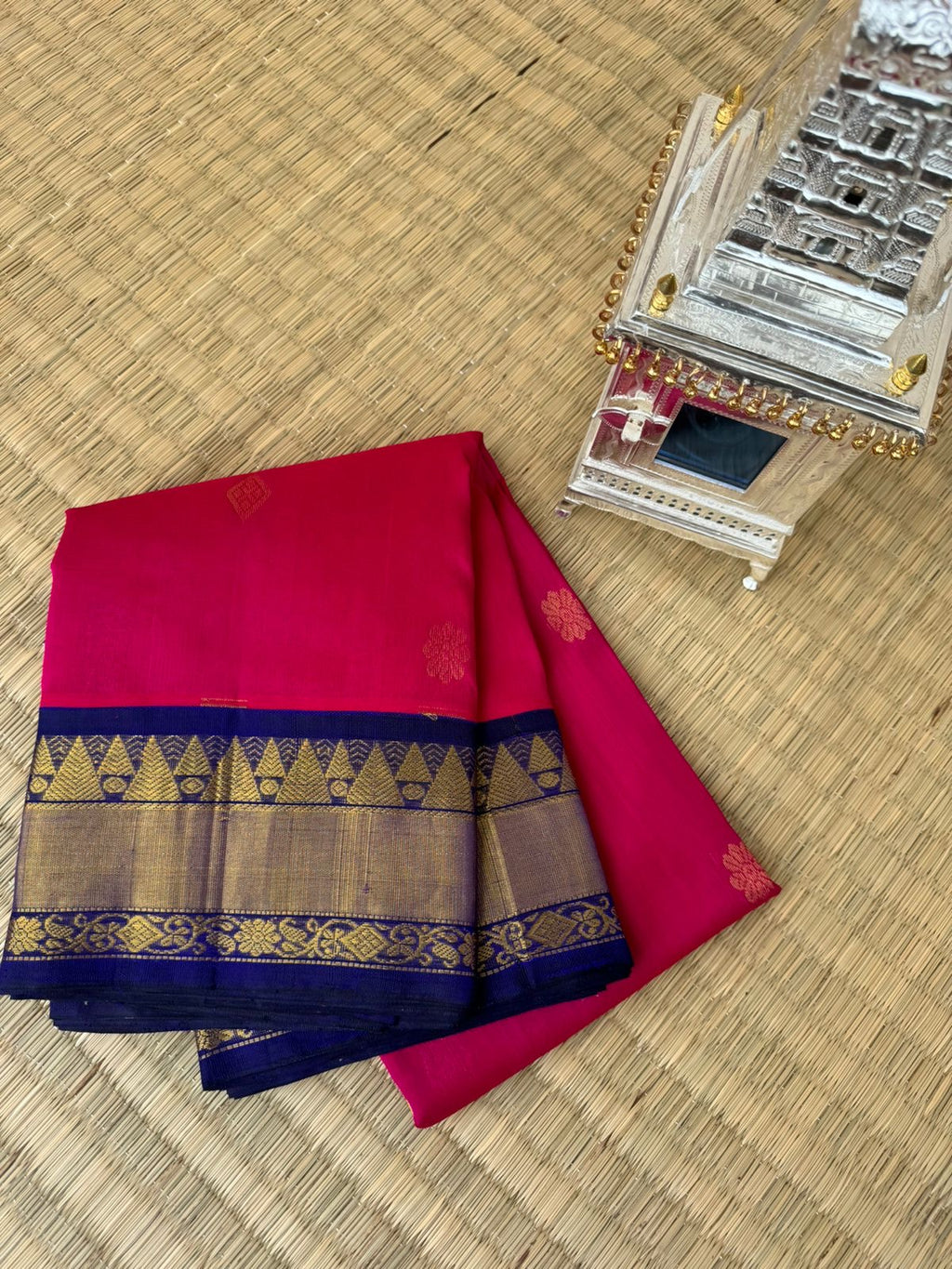 Korvai Silk Cottons - kum red pink with navy