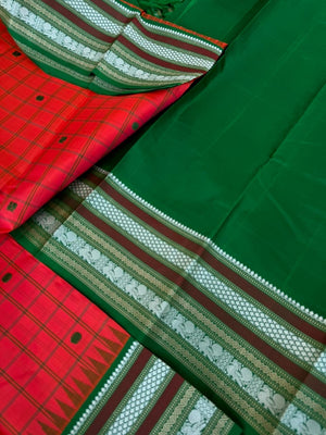 Pattu Pett - Exquisite No Zari Kanchivarams - orange and bottle green with kattam buttas