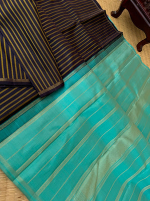 Vertical Stripes on Kanchivaram - black and turquoise with vertical stripes woven body