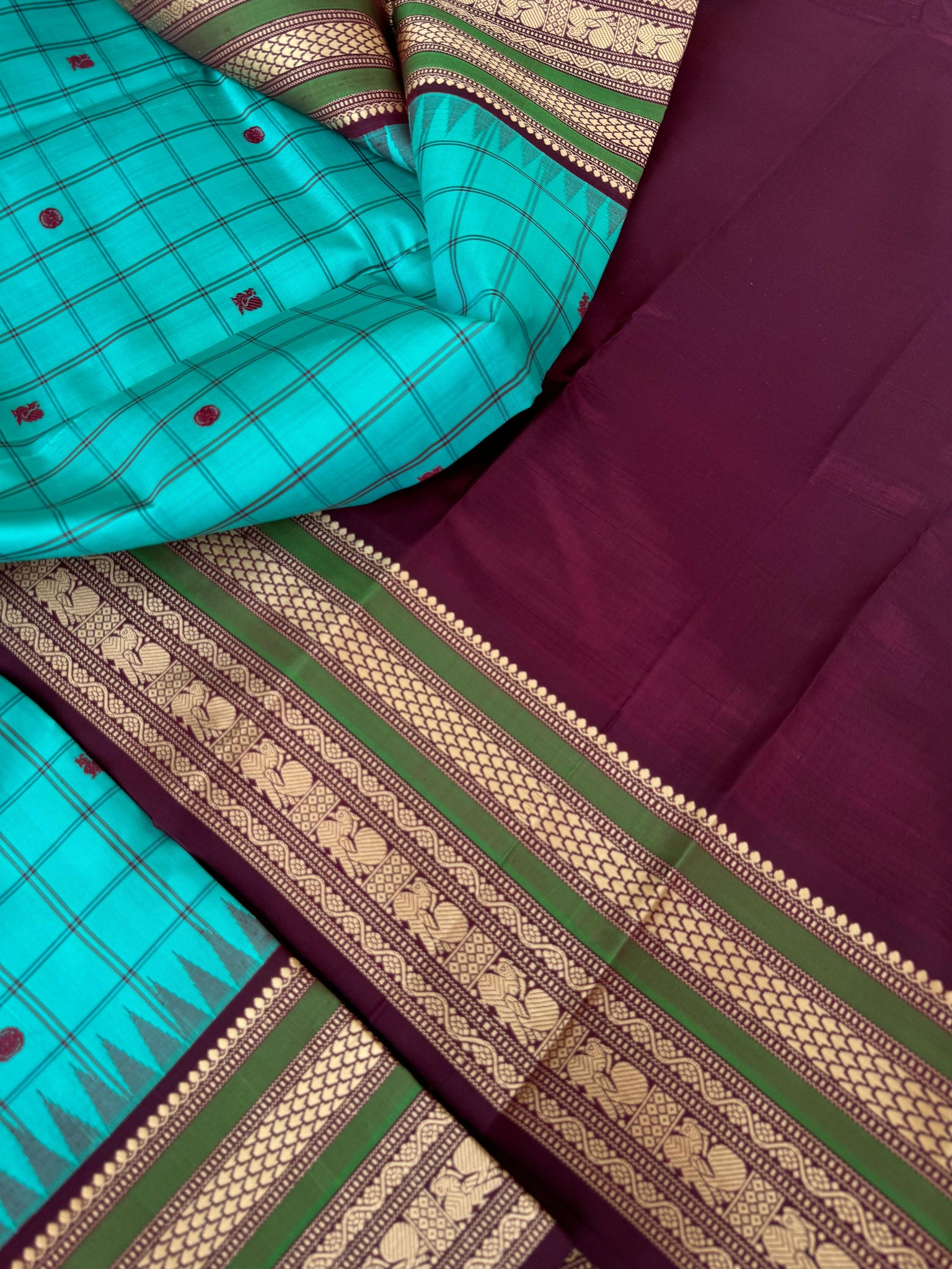 Sahasram - turquoise with chex buttas with burgundy pallu and blouse