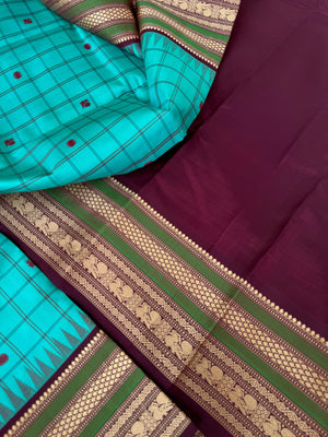 Sahasram - turquoise with chex buttas with burgundy pallu and blouse