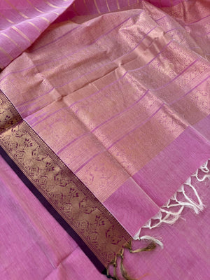 Zari Kissed Silk Cotton - baby pink veldhari with yali woven borders