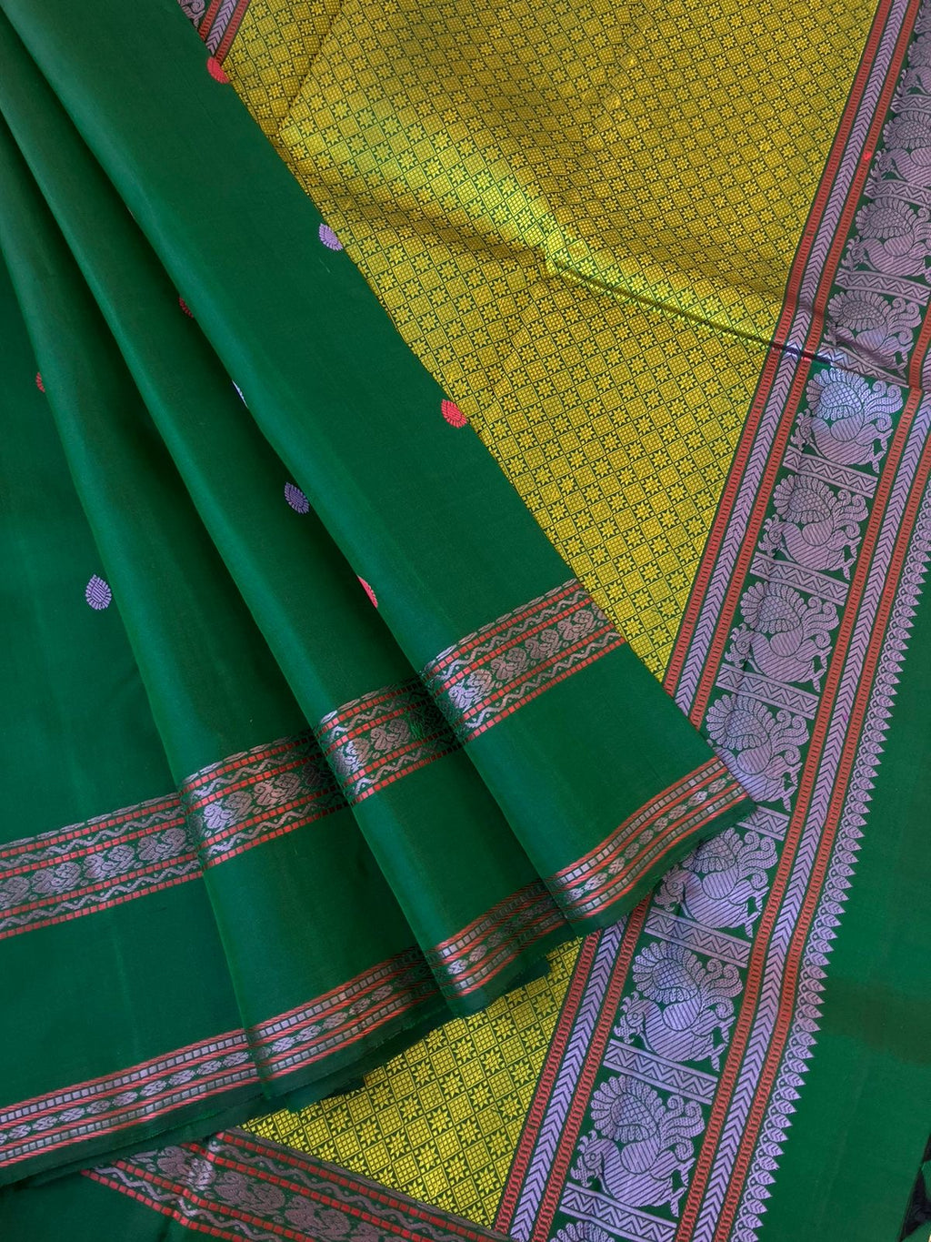 Woven from Memories - Beautiful No Zari Kanchivarams - gorgeous Meenakshi green with retta pett woven borders