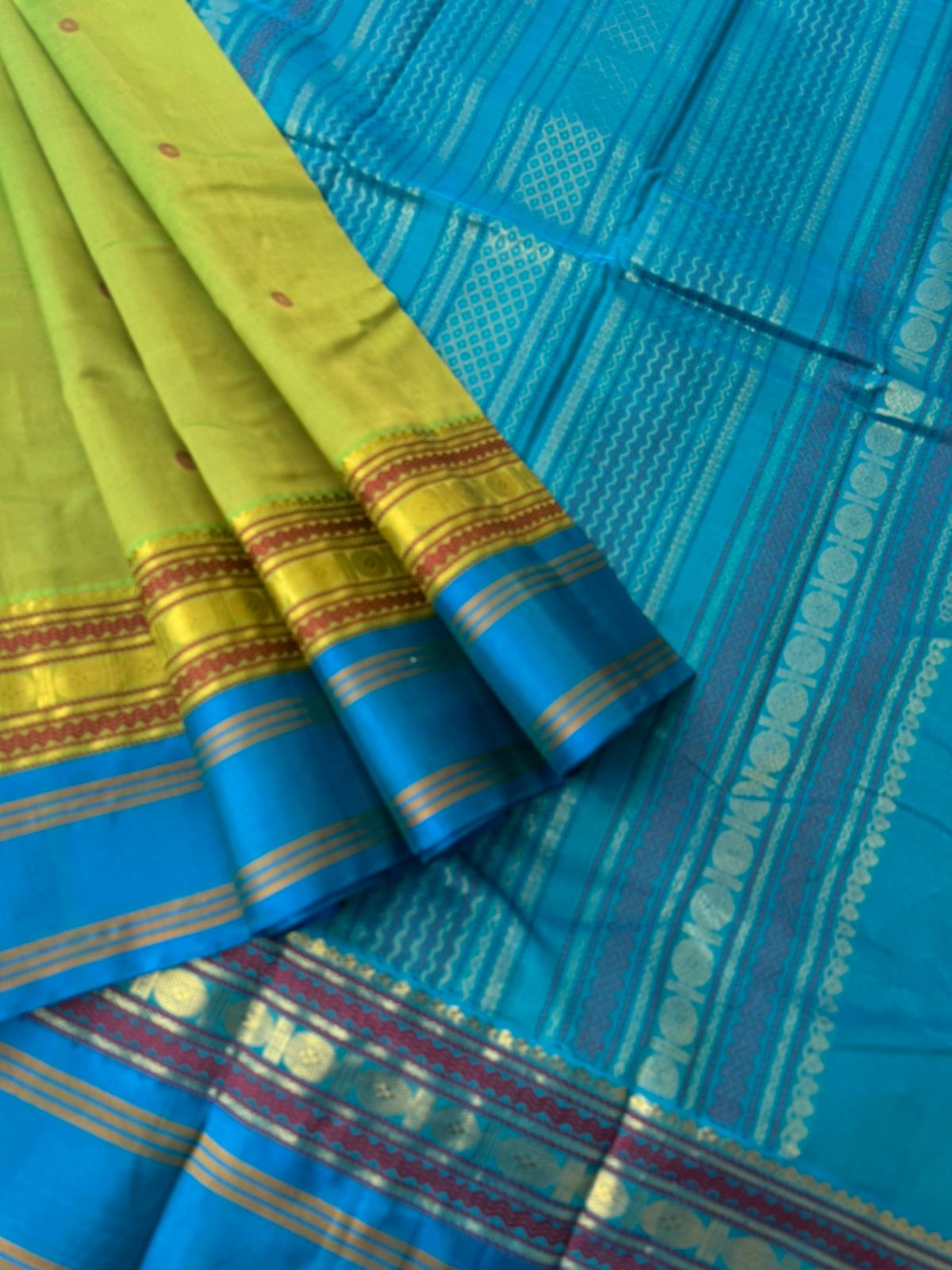 Divyam - Korvai Silk Cotton with Pure Silk Woven Borders - fresh green and blue