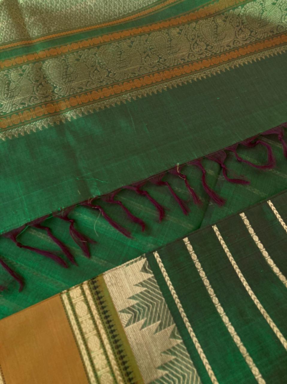 Zari Kissed Silk Cotton - algae green mixed maroon veldhari