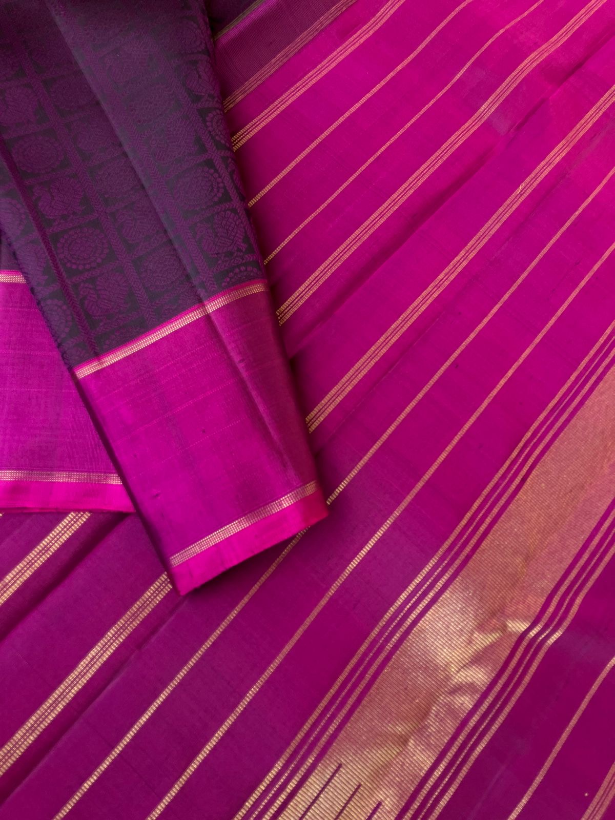 Haritham - Heirloom Yarn Play on Kanchivaram - deep dark plum purple suttle 1000 mayil chackaram woven buttas