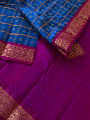 Divyam - Korvai Silk Cotton with Pure Silk Woven Borders - burnt blue and majenta