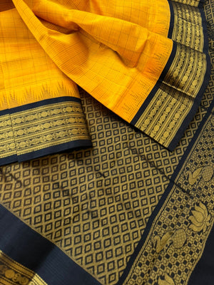 Korvai Silk Cotton - mustard and black zari kattam