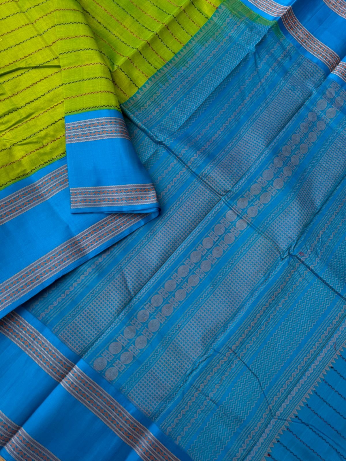 Divyam - Korvai Silk Cotton with Pure Silk Woven Borders - apple green and blue veldhari