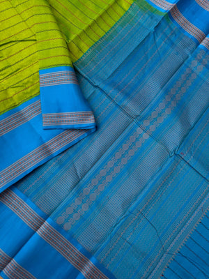 Divyam - Korvai Silk Cotton with Pure Silk Woven Borders - apple green and blue veldhari