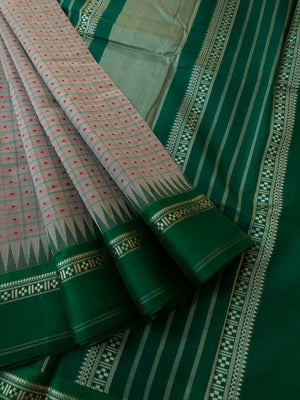 Mira - Our Exclusive Cotton body with Pure Silk Korvai Borders - deep beige and Meenakshi green Lakshadeepam