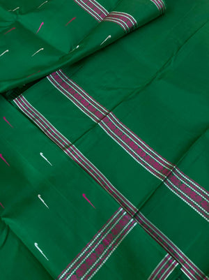 Woven from Memories - Beautiful No Zari Kanchivarams - stunning dark green with traditional retta pett woven borders and malli mokku woven buttas
