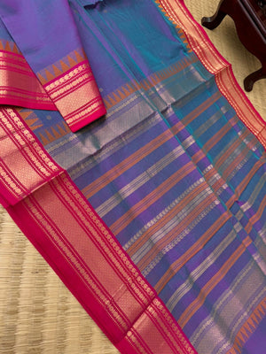 Zari Kissed Silk Cotton - blue short violet with mayil kann woven borders