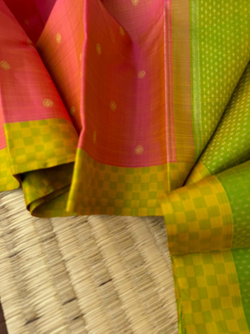 Album Untouched - stunning peach and apple green with mat chex woven borders with full zari brocade woven pallu and blouse