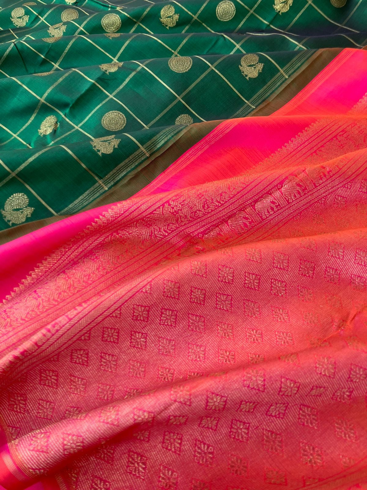 Mohaa - Beautiful Borderless Kanchivarams - deep dark Meenakshi green with orange short pink pallu and blouse