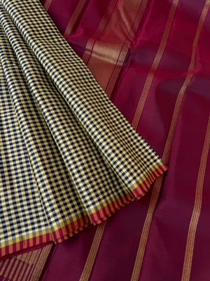 Kattams on Kanchivaram - gorgeous cream and black kottadi chex with maroon pallu and blouse