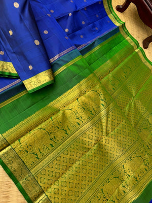 Shree - Stunning Small Border Kanchivarams - deep ink blue and green