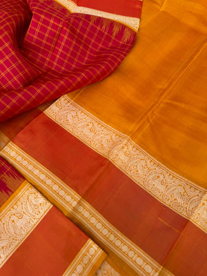 Silk Play on No Zari Kanchivaram - traditional red and mustard kattam woven body with yali woven retta pett borders