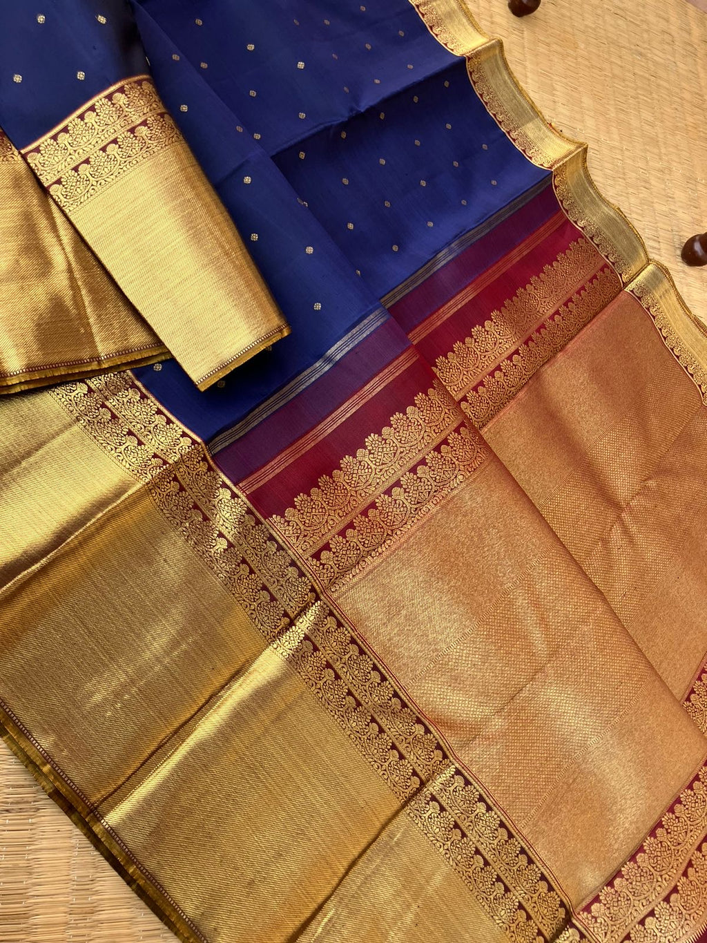 Leela - Darker effects on Kanchivaram - one of kind deep dark mid night blue and maroon with solid gold zari woven one side broad and one side small borders