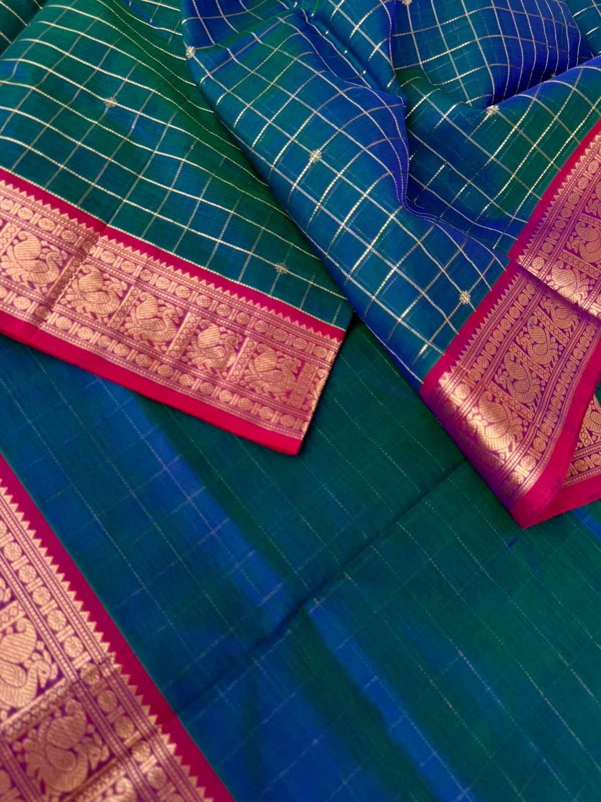 Zari Kissed Silk Cotton - dual tone peacock blue green muthukattam