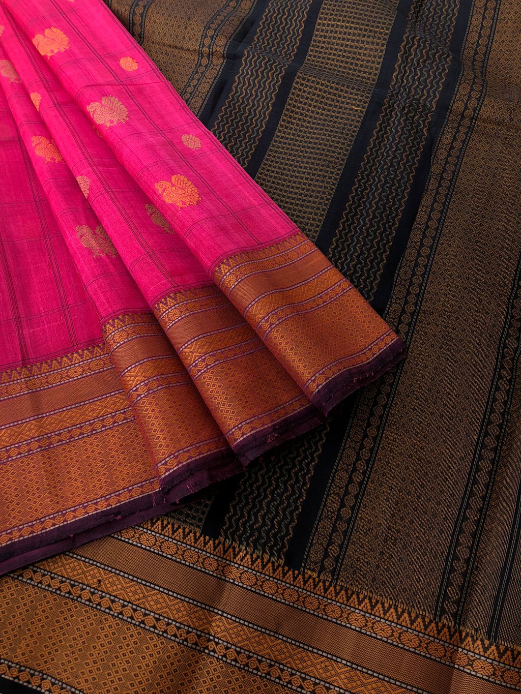 Woven Motifs Silk Cotton - gorgeous pink and black mayil chackaram
