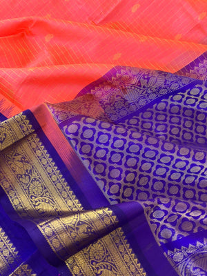 Korvai Silk Cotton - beautiful orange short pink zari kattam with ms blue pallu and blouse