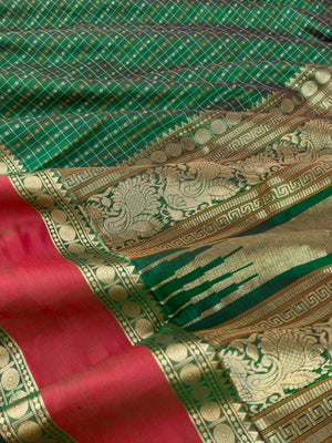 Traditional Colours Woven Motifs Silk Cotton - Meenakshi green lakshadeepam