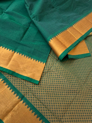 Mangalavastaram - deep dark Meenakshi green and mustard woven borders with gopuram vanasingaram woven pallu and Lakshadeepam woven blouse