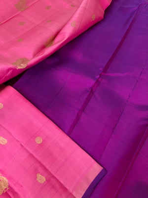 Mohaa - Beautiful Borderless Kanchivarams - rose pink and violet annapakshi woven buttas