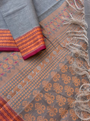 Mangalavastaram - elephant grey and rudurakasham woven borders