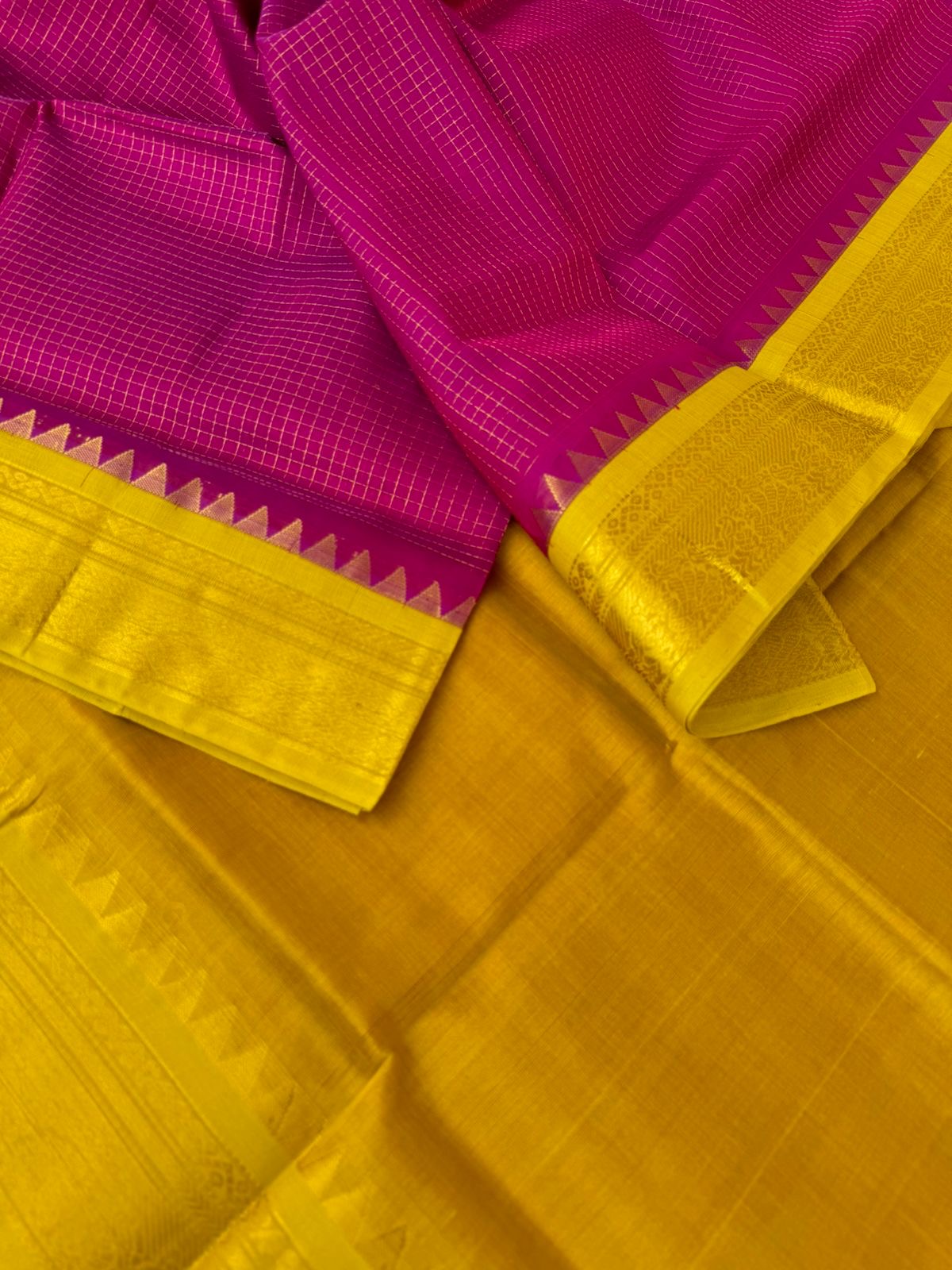 Kattams on Korvai Silk Cotton - deep dark pink and golden mustard