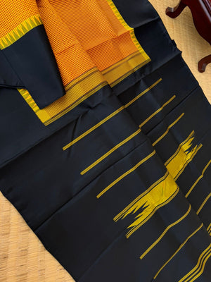 Bliss of Korvai Kanchivaram - mustard and aaraku kasa kasa kattam with black borders pallu and blouse