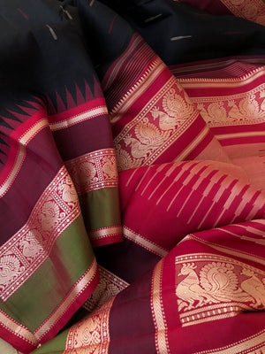 Silk Play on No Zari Kanchivaram - most beautiful black and aaraku malli mokku or rain drops motifs woven body