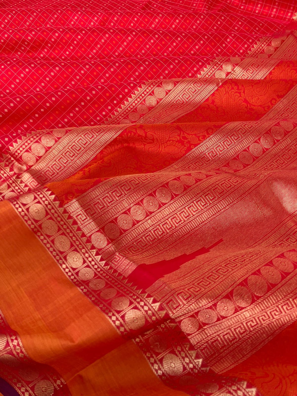 Woven Motifs Silk Cotton - gorgeous red and orange lakshadeepam