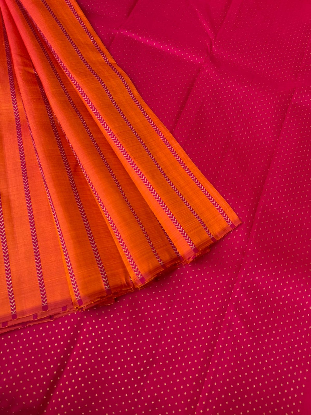 Bliss of Kanchivaram - stunning flame orange and red with vertical veldhari with lakshadeepam pallu and blouse