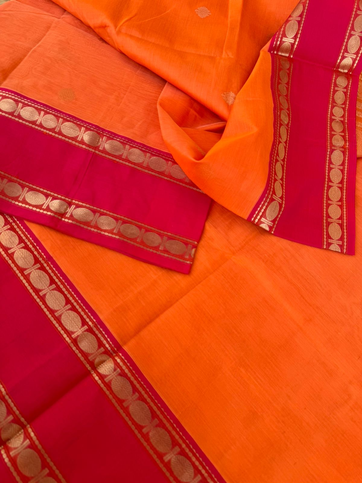 Zari Kissed Silk Cotton - fresh orange kolam woven buttas