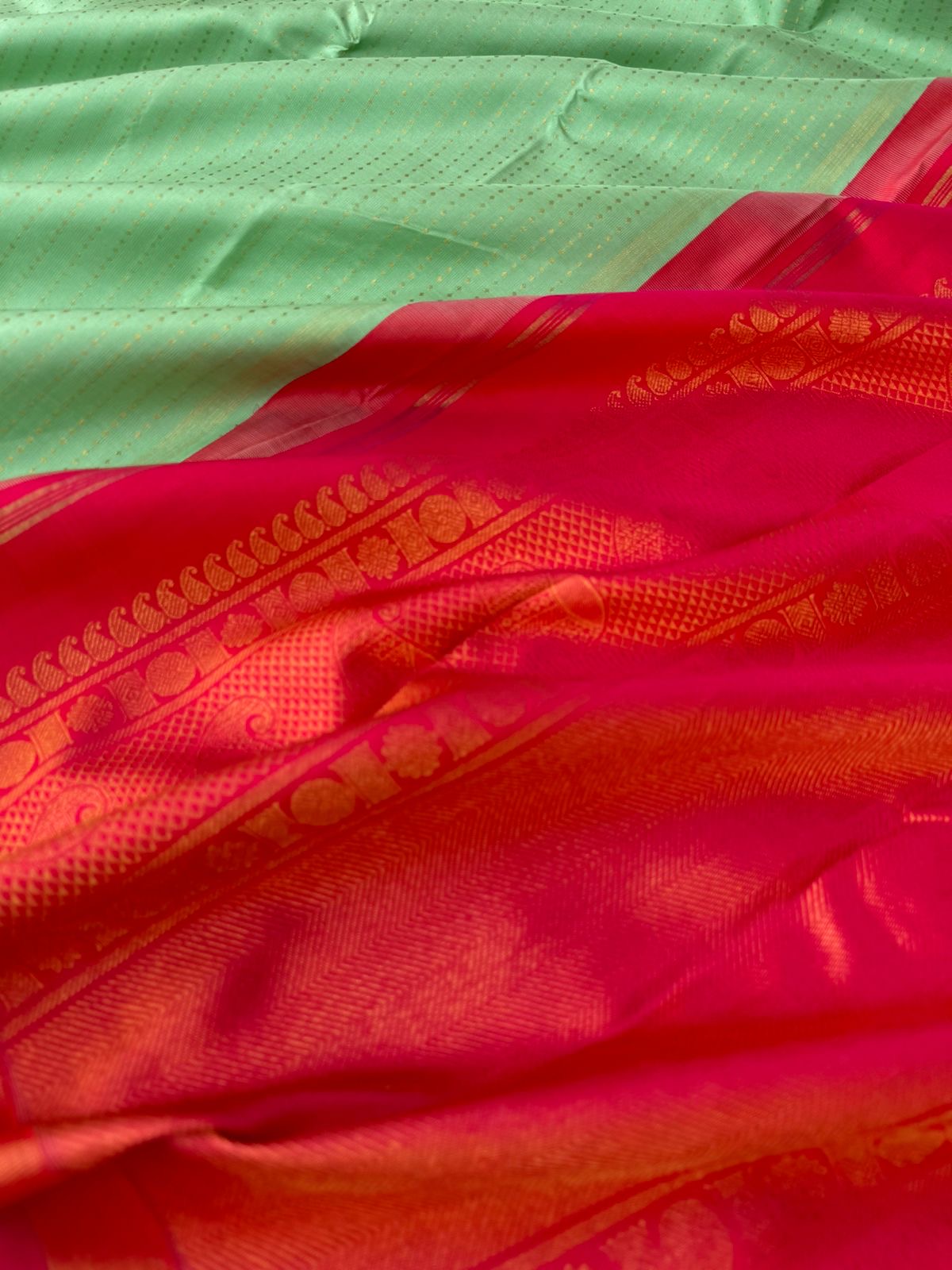 Shree - Stunning Small Border Kanchivarams - pista green lakshadeepam and red pink pallu and blouse