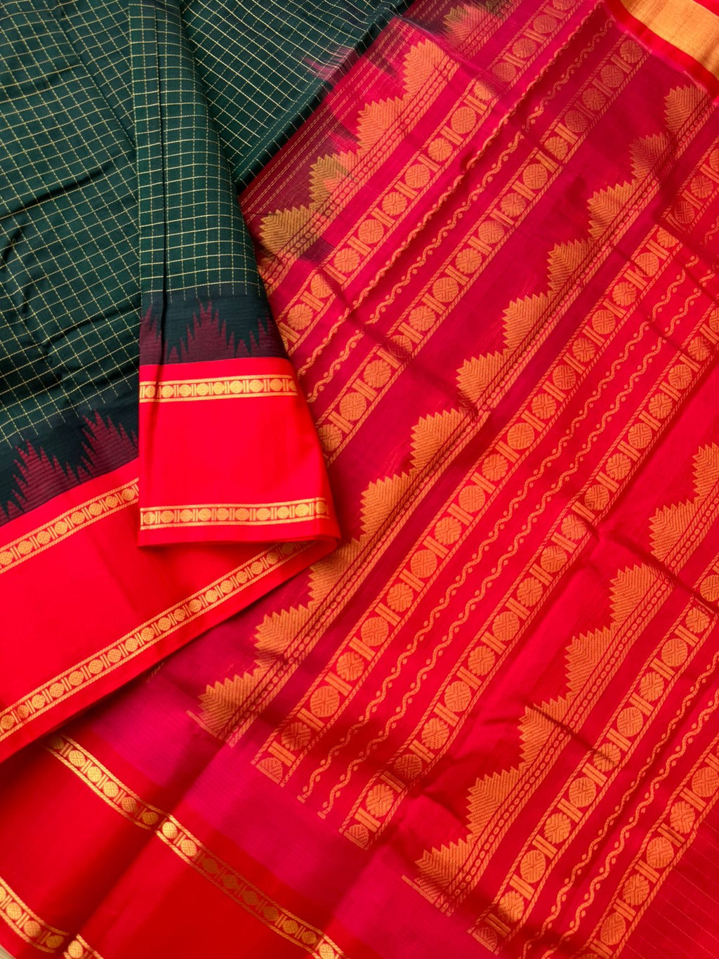 Kattams on Korvai Silk Cotton - deep karum pachai and red