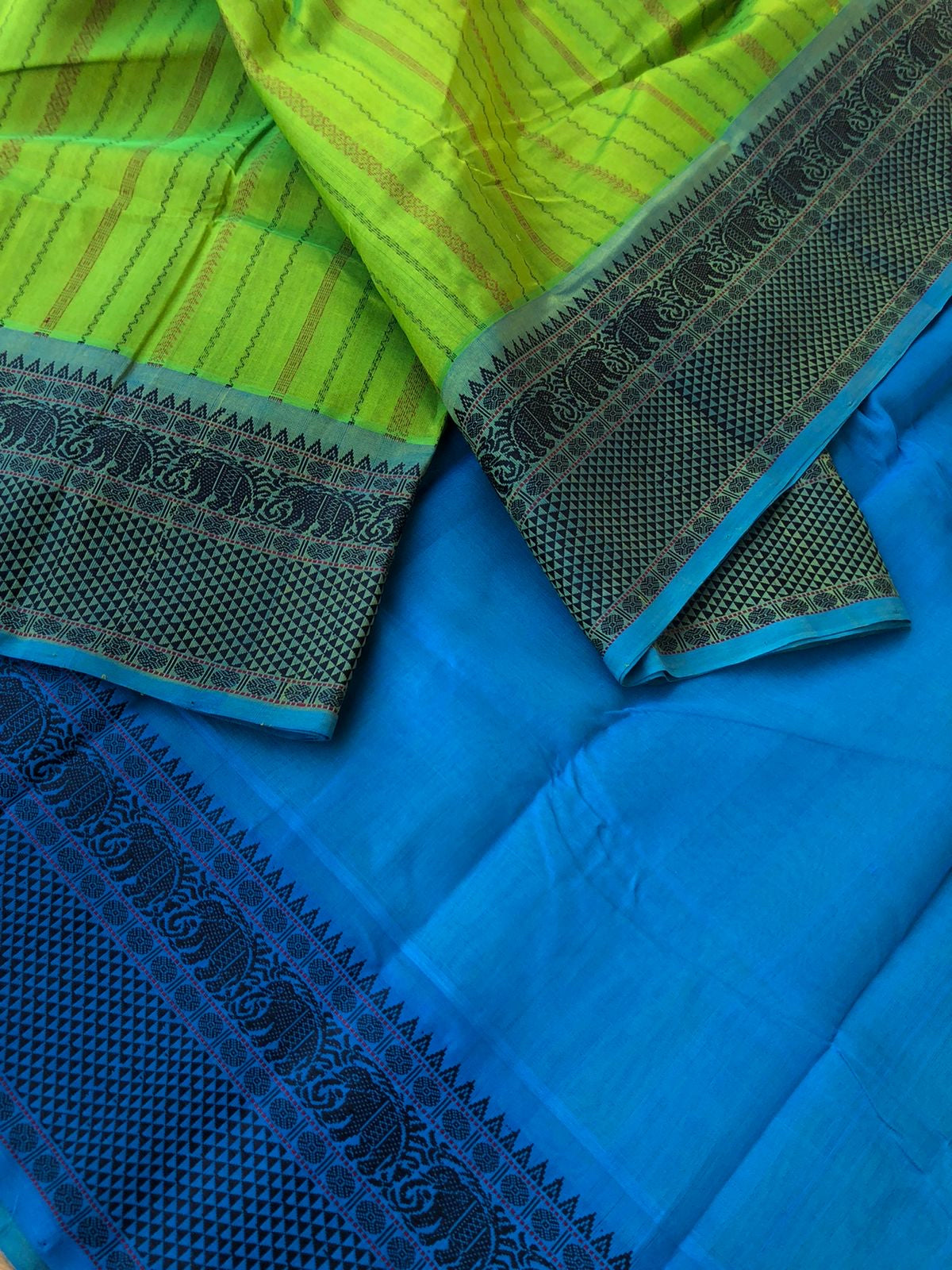 Woven Motifs Silk Cotton - apple green and blue vertical veldhari