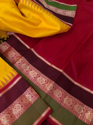 Silk Play on No Zari Kanchivaram - traditionally beautiful mango yellow and aaraku woven borders pallu and blouse