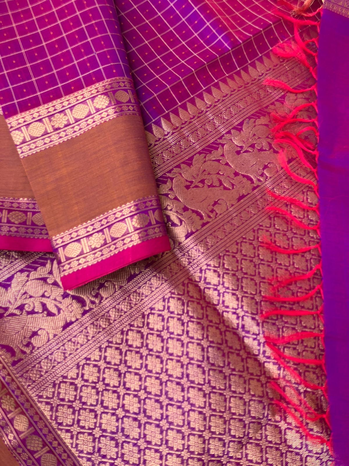 Traditional Colours Woven Motifs Silk Cotton - pink violet lakshadeepam