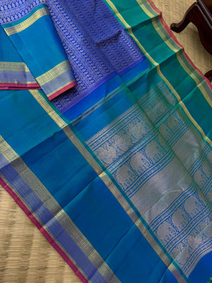 Haritham - Heirloom Yarn Play on Kanchivaram - absolutely stunning ms blue varusai pett woven body with beautiful gold zari woven borders pallu