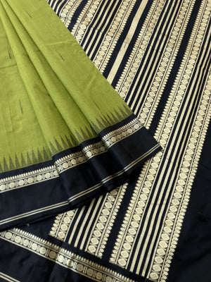 Mira - Our Exclusive Cotton body with Pure Silk Korvai Borders - gorgeous green and black malli mokku