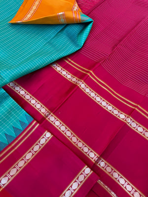 Statement of Kanchivaram - KK3 - beautiful teal vintage Kanchivaram with silver zari oosi kattam with maroon and mustard ganga jammuna korvai Kanchivaram