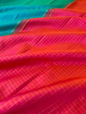 Contrast Play on Full Plain Kanchivarams - beautiful dual tone apple green short blue body with pink short orange pallu and blouse